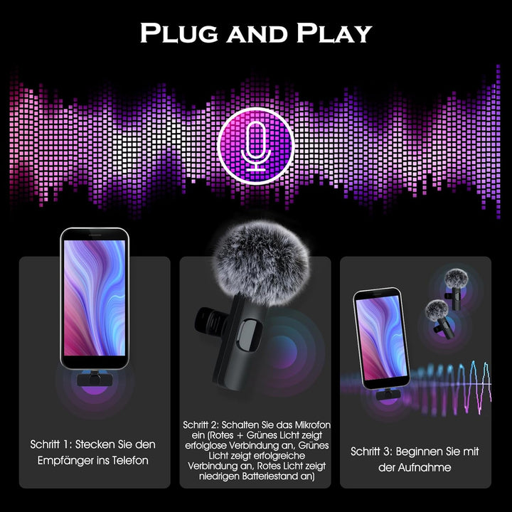 Lavalier Mikrofon Ansteckmikrofon mit Geräuschunterdrückung für Android/USB C Handy/Laptop, Wireless
