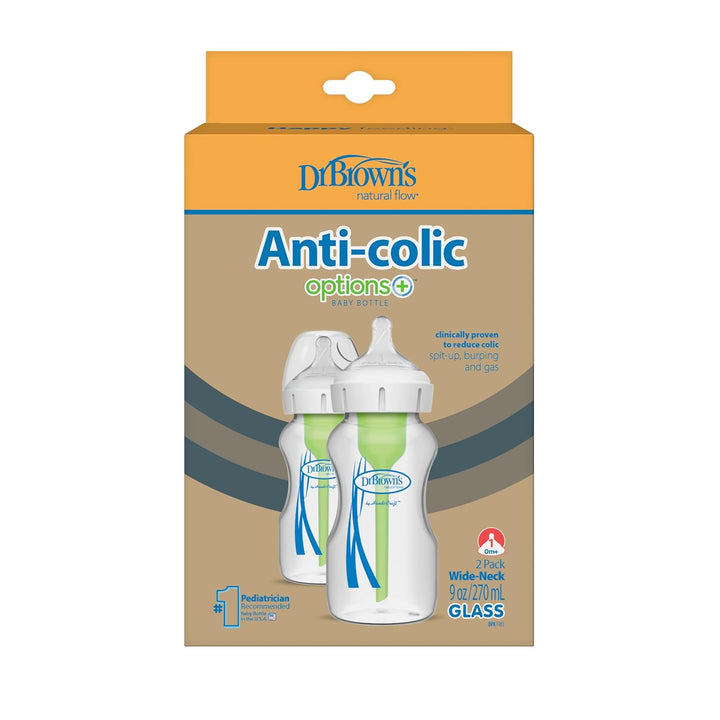 Dr. Brown's Natural Flow Anti-Colic Options+ Weithals-Babyflasche aus Glas, 9 oz/270 ml, mit langsam