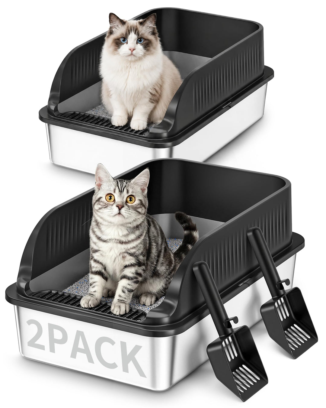 2er Set Katzenklo Edelstahl, Katzentoilette Gross XXL mit Schaufel, Katzenklo mit Abnehmbares Hoher