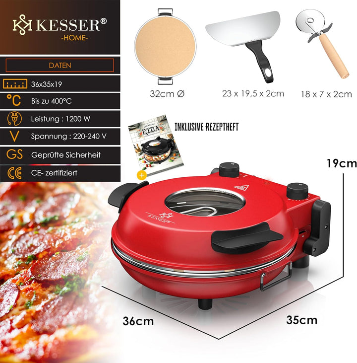 KESSER® Pizza-Ofen elektrisch bis 400 Grad | Elektrischer Pizzabäcker 1200W mit feuerfester Steinpla