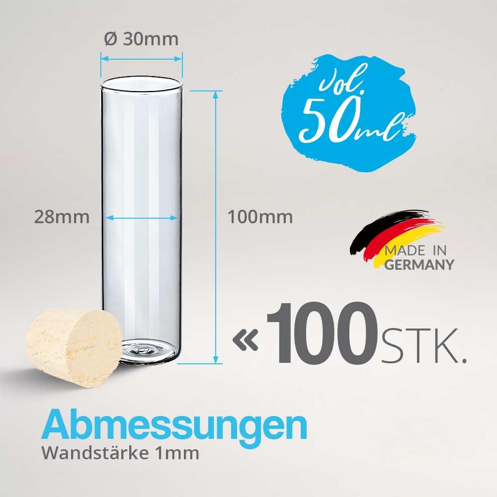 Tuuters 100 Stück Glas Reagenzgläser mit Korken (100 x Ø 30mm) Flachboden | 40ml Reagenzglas mit Nat