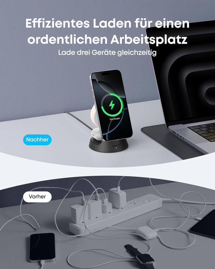 Anker MagGo 3-in-1 15W MagSafe kompatibles Ladegerät, iPhone Induktive Ladestation, Qi2-zertifiziert