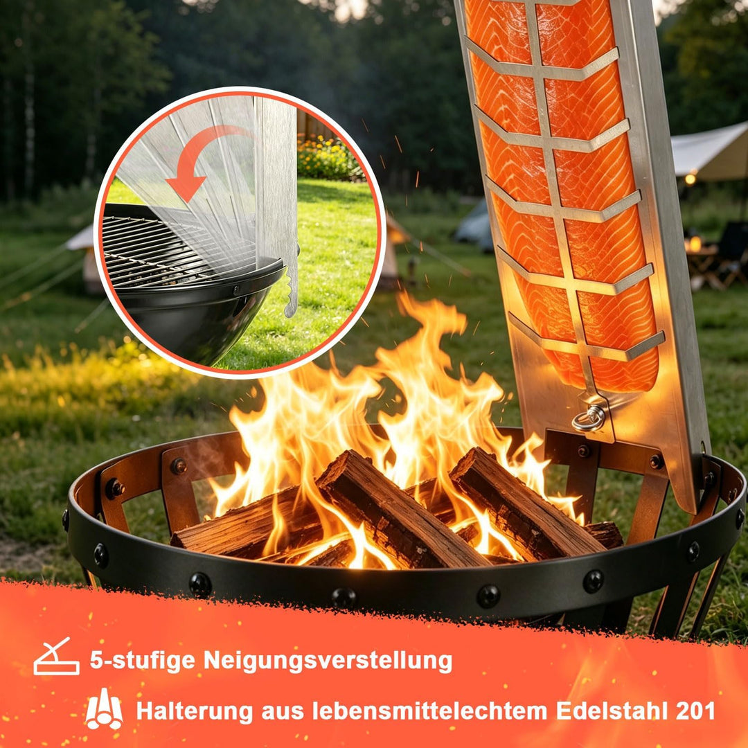 Flammlachsbrett aus Edelstahl,59,5 cm,für Grill &amp; Feuerschale | 180° drehbarer Fischhalter mit 5-fac