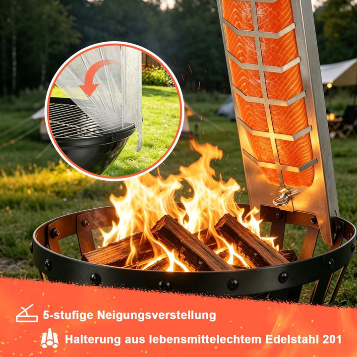 Flammlachsbrett aus Edelstahl,59,5 cm,für Grill &amp; Feuerschale | 180° drehbarer Fischhalter mit 5-fac
