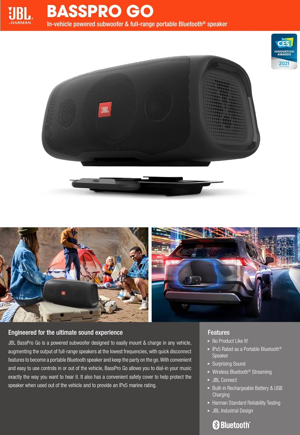 JBL BASSPRO Go - 2 in 1: Aktiv Subwoofer Auto und 200 Watt Bluetooth Party Lautsprecher in einem - E