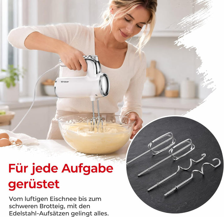Trisa Handrührgerät - 6 Geschwindigkeiten mit Turbo, Langsamer Start, Chrom-Design, Edelstahl Rührbe