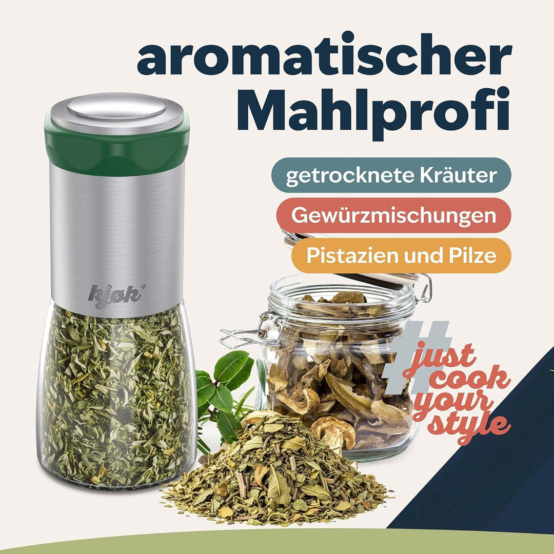 kjøk Premium Gewürzmühle aus Edelstahl & Glas Manuelle Chilimühle Kräutermühle mit Stahl Schneidwerk