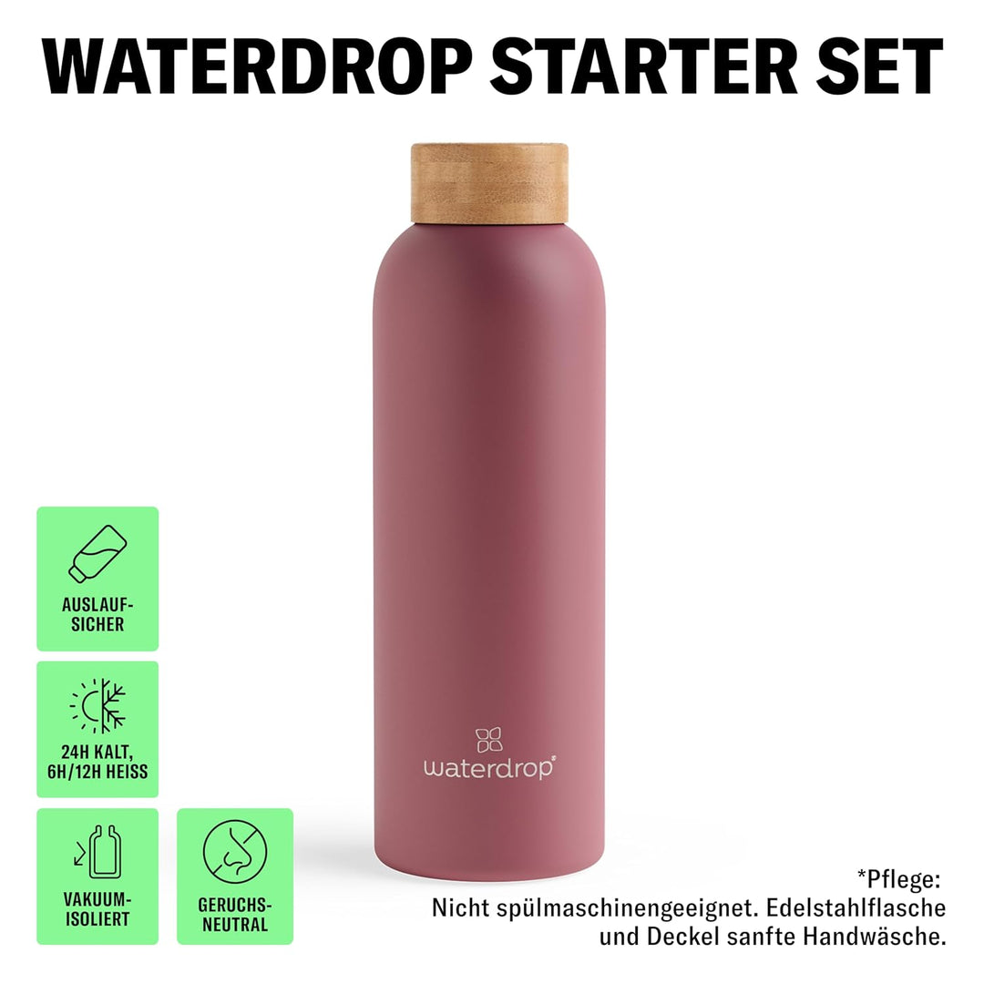 waterdrop® Starter Set - 600ml Trinkflasche mit Geschmack inkl. 18 zuckerfreie Drops - Geschenk für