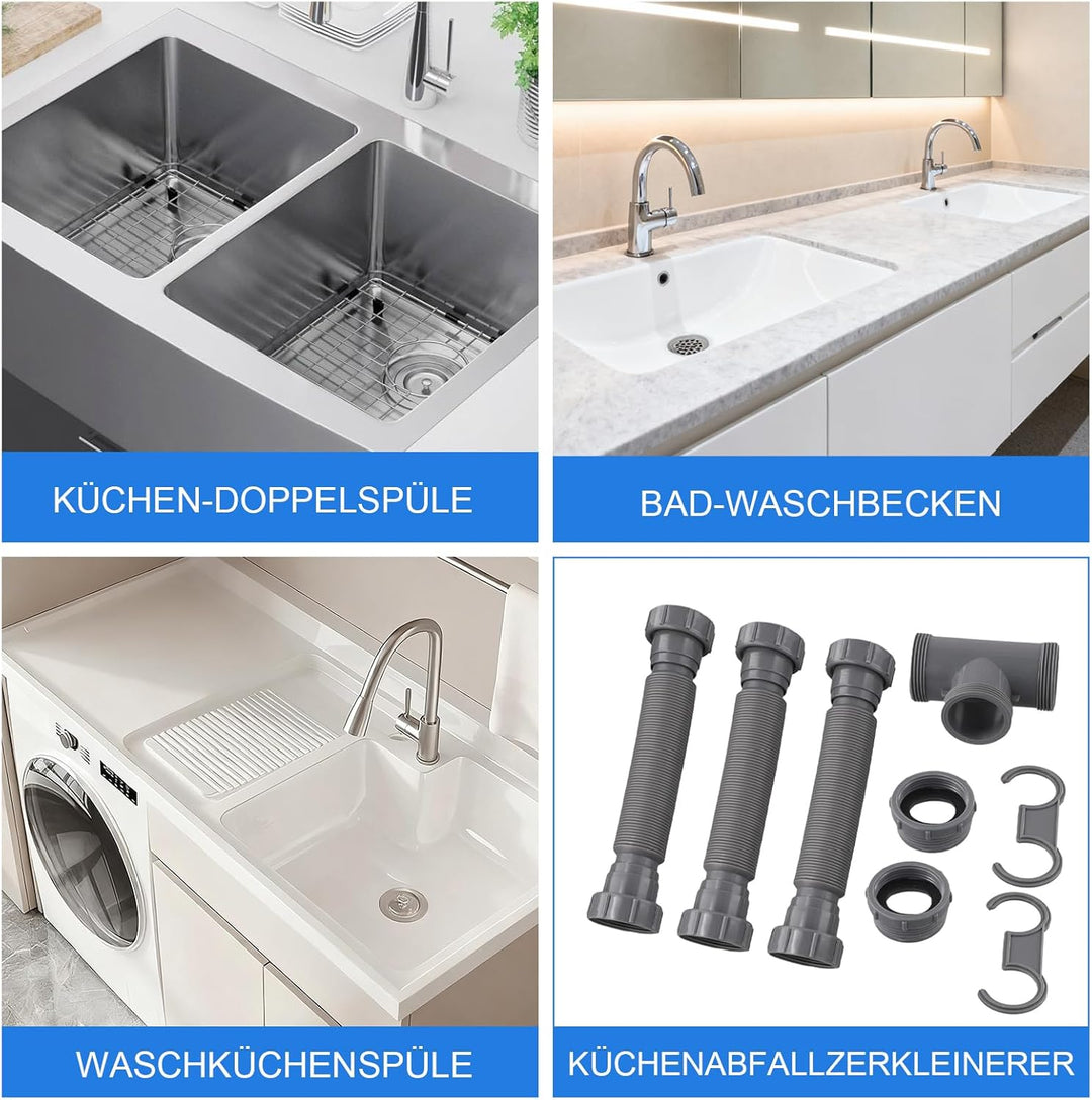 Verstellbares Doppel-Ablauf-Set, flexibles Abflussrohr, mit P-Trap-Design und Silikondichtungen für