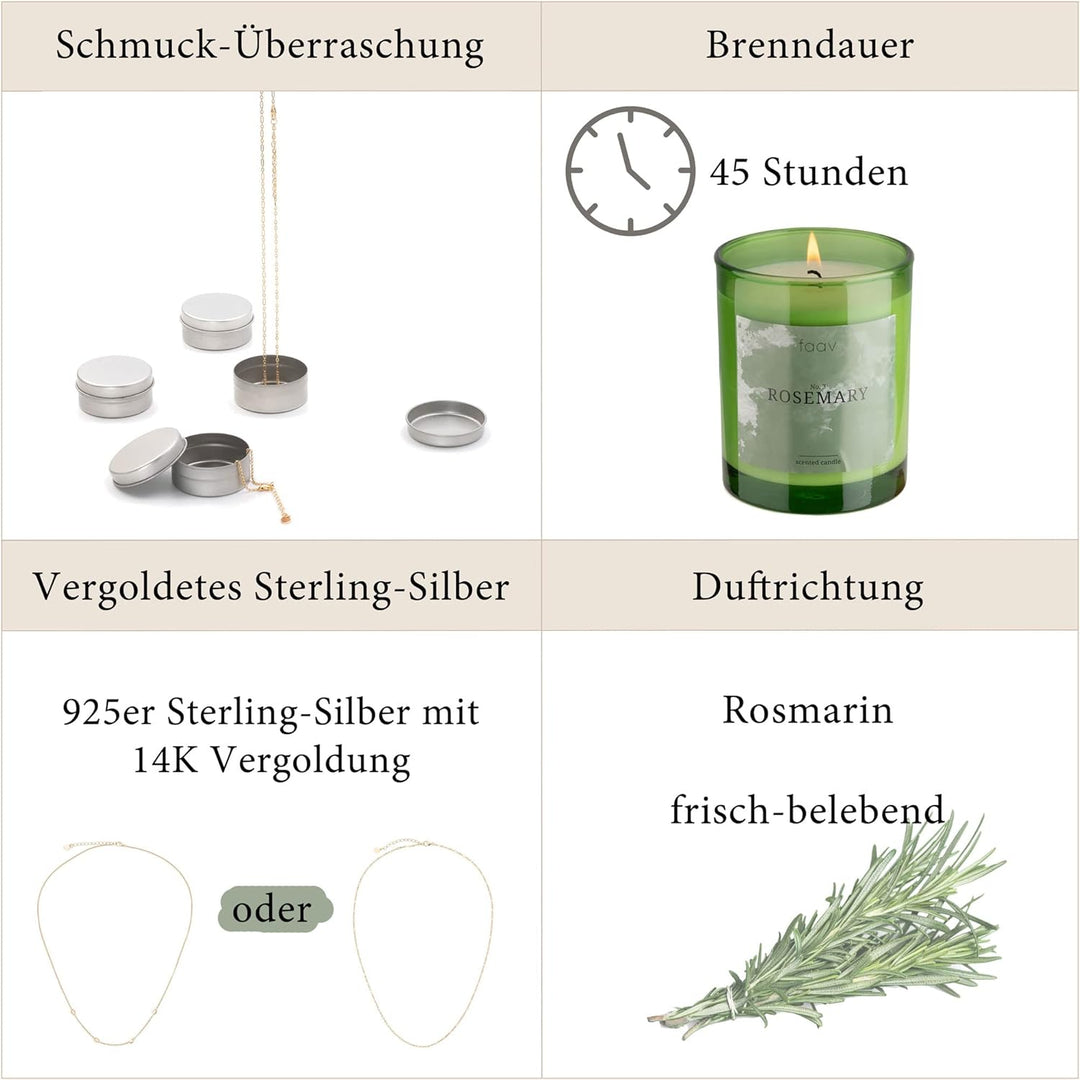 faav Schmuckkerze Rosmarin – Duftkerze inkl. Schmucküberraschung – Kette-Ohrringe-Armband – 45h Bren