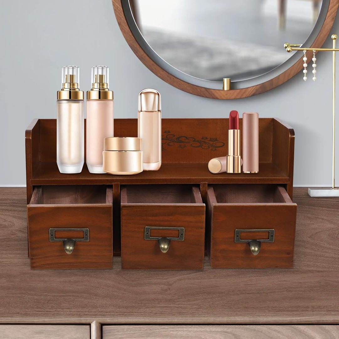 Holz Schubladenbox Vintage Schreibtisch Organizer Mit 3 Schubladen 38,5x14,5x18,5cm Aufbewahrungsbox