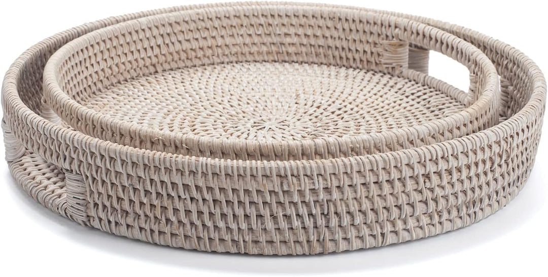 Serviertablett aus Rattan, rundes Tablett 30 cm – Handgeflochtener Korb im Landhausstil, Gebleicht W