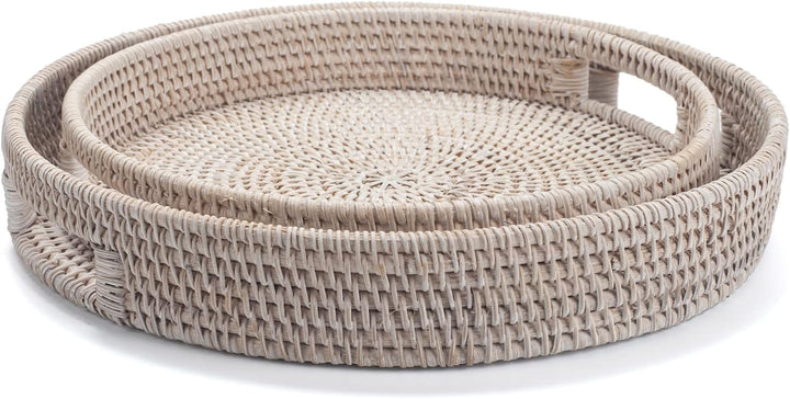 Serviertablett aus Rattan, rundes Tablett 30 cm – Handgeflochtener Korb im Landhausstil, Gebleicht W