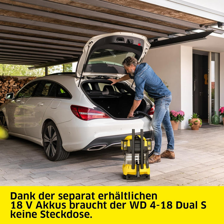 KÄRCHER Akku-Nass-/Trockensauger WD 4-18 S Dual, 36-V-Motor (2 18-V-Akkus), Edelstahlbehälter: 20 l,