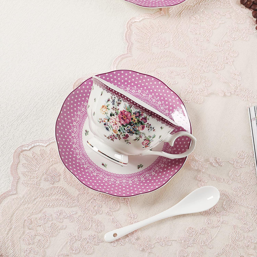 fanquare 21 Stück Porzellan Tee Party Set, Rosa Rose Blume Teetasse und Untertasse für 6 Personen, K