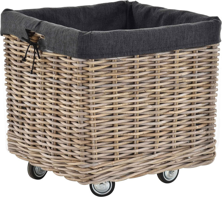 Grosser Rollkorb mit Griffen / Holzkorb mit Rollen aus grauem Natur Rattan / Aufbewahrung Holz-Wagen