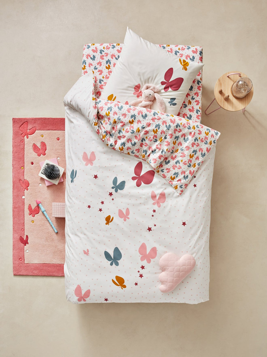Vertbaudet Bettwäsche-Set für Kinder Schmetterlinge rosa Bedruckt 140X150 - Kissen 63X63 140X150 - K