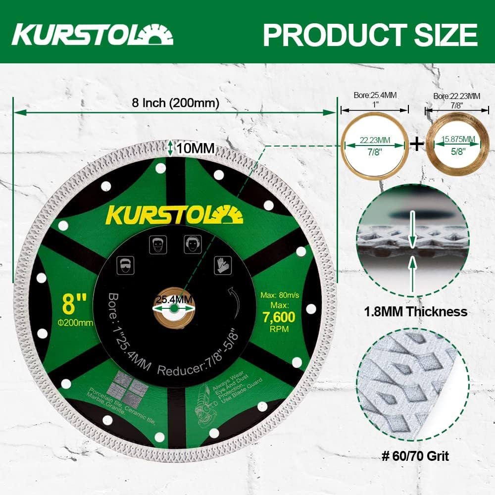 KURSTOL Fliesen-Porzellan-Diamantklinge – 8"/200mm superdünnes Diamant-Trennscheibe, Dorn 7/8"-5/8"