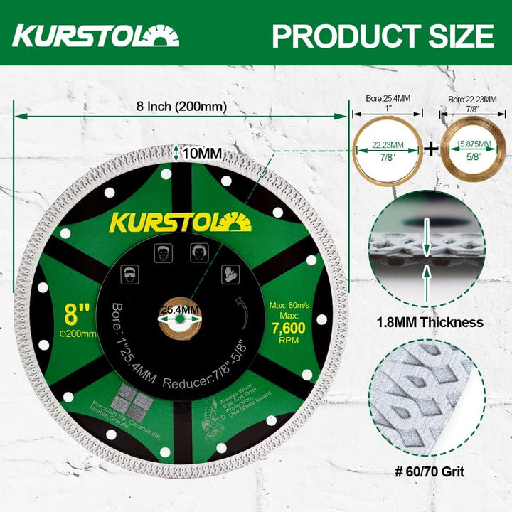 KURSTOL Fliesen-Porzellan-Diamantklinge – 8"/200mm superdünnes Diamant-Trennscheibe, Dorn 7/8"-5/8"