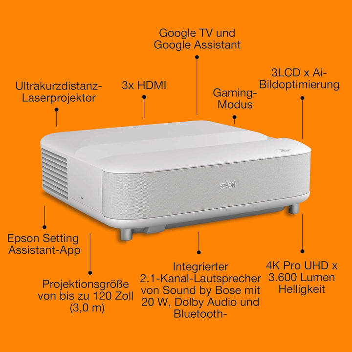 Epson Lifestudio Grand EH-LS670W, Smart-Laserprojektor, 4K PRO-UHD, Ultrakurzdistanz, Sound by Bose,