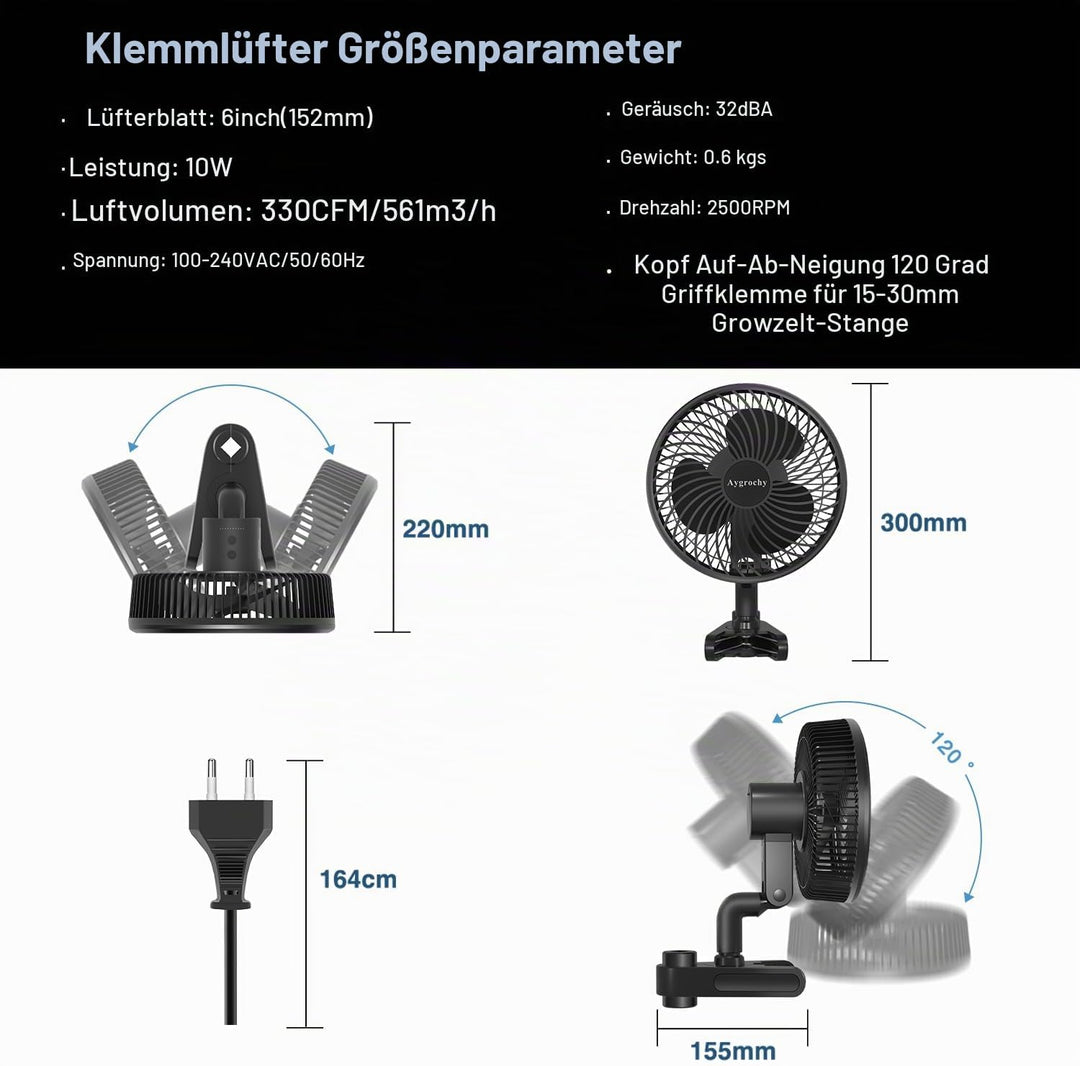 Aygrochy Grow Ventilator mit Clip, EC-Motoren 10 Geschwindigkeiten grow lüfter mit Smart APP Control