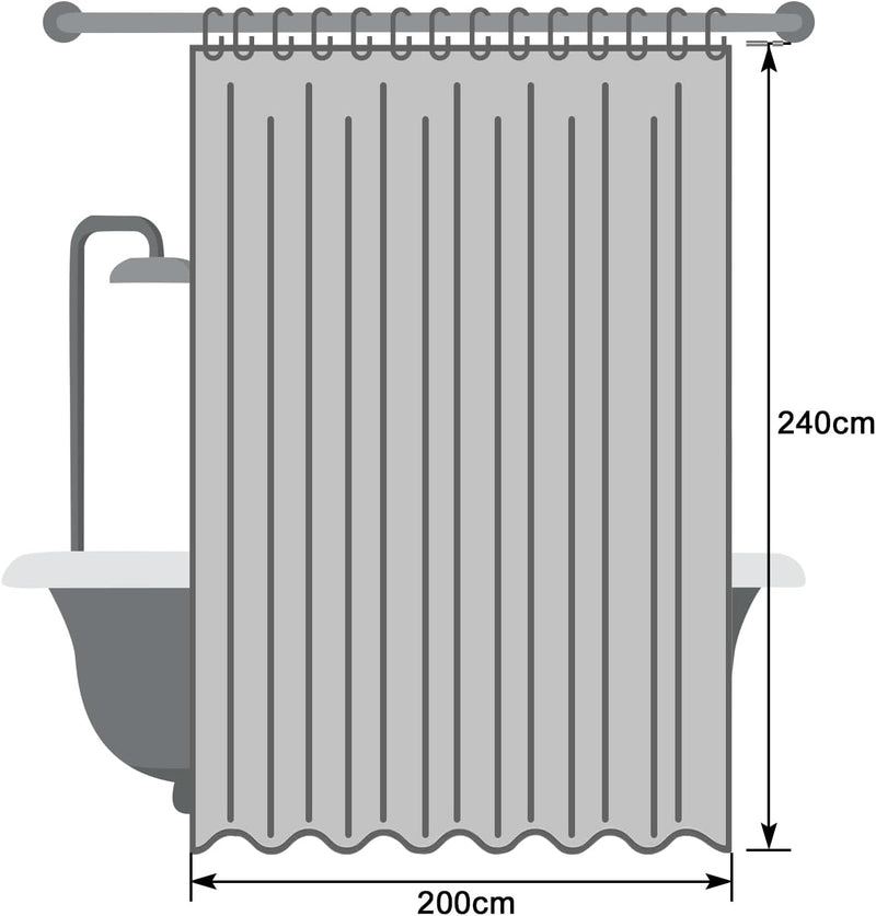 EurCross Duschvorhang Überlänge 200x240 Grau Textile Polyester Badvorhang, Wasserdicht und Trocknet