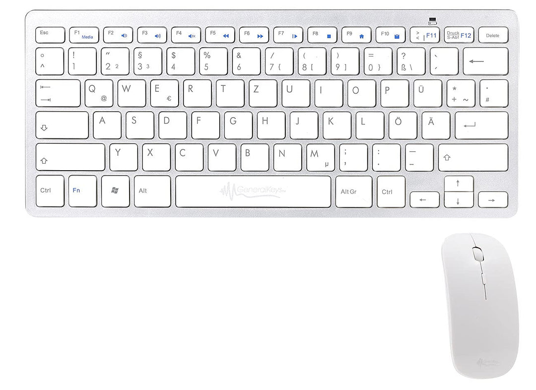 GeneralKeys Kabellose Tastatur: Set: Schlanke Funk-Tastatur mit Scissor-Tasten im Alu-Look &amp; Funk-Ma
