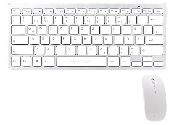 GeneralKeys Kabellose Tastatur: Set: Schlanke Funk-Tastatur mit Scissor-Tasten im Alu-Look &amp; Funk-Ma