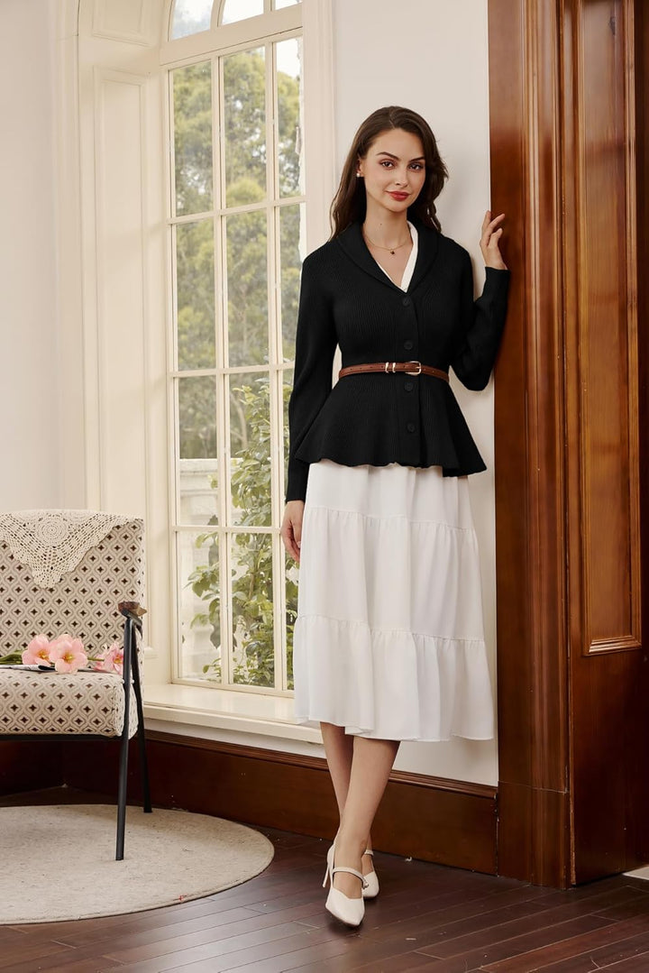 Belle Poque Damen Strickjacke Langarm Reverskragen Cardigan mit Rüschensaum Casual Strickmantel M Sc