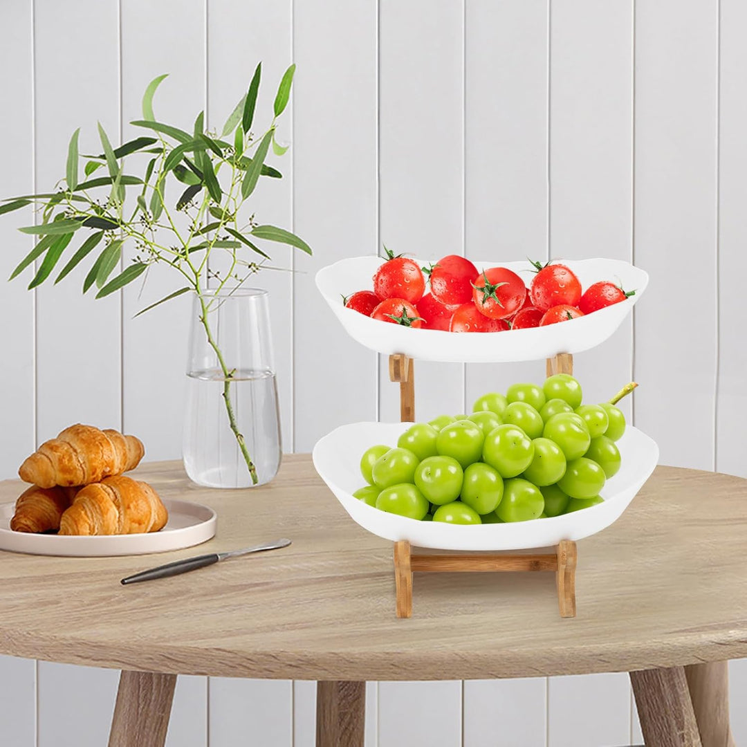 Obst Etagere Obstschale Obstteller 2 Etagen mit Natürlichem Bambus Ständer Servierteller Etagere 2 S