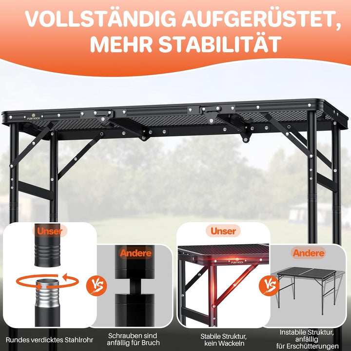 FUNYKICH 3ft Tragbarer Grilltisch 90 x 40cm, Campingtisch Outdoor Klappbar mit 3 Höhen Verstellbarer