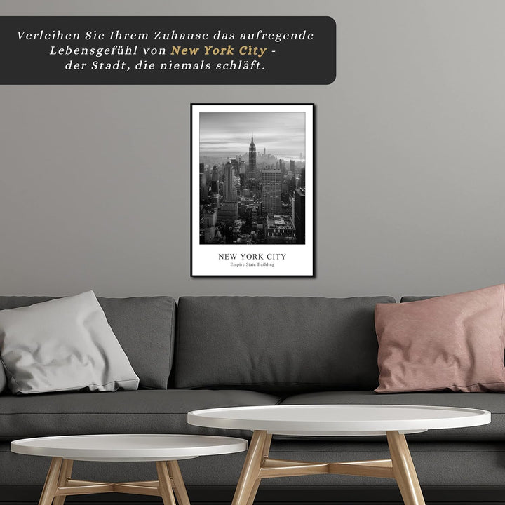 daazoo Rahmenbild Empire State Building | Wandbild mit Rahmen schwarz Hochformat | Bild New York Cit