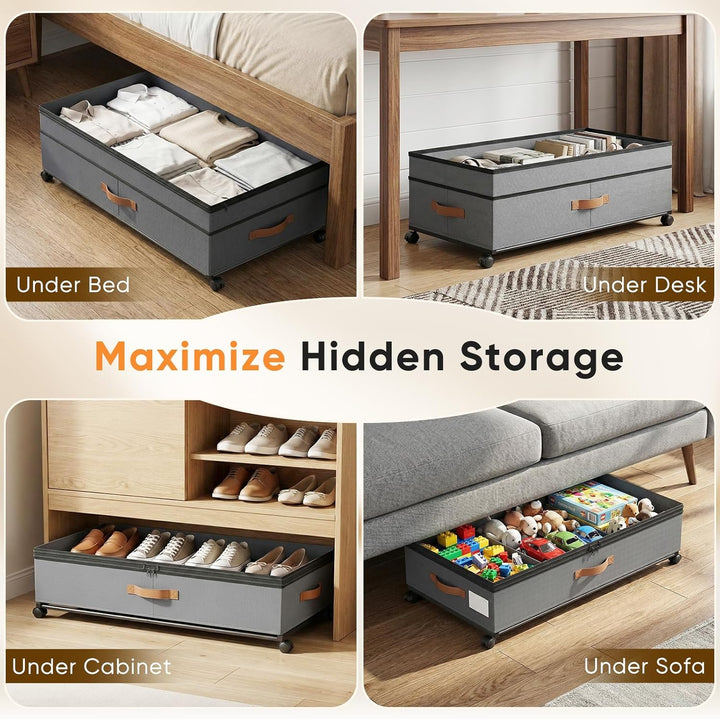 2 Stück Unterbett Aufbewahrungsbox 72L, Unterbettkommode Bettkasten mit Rollen 360°Drehung& PVC deck