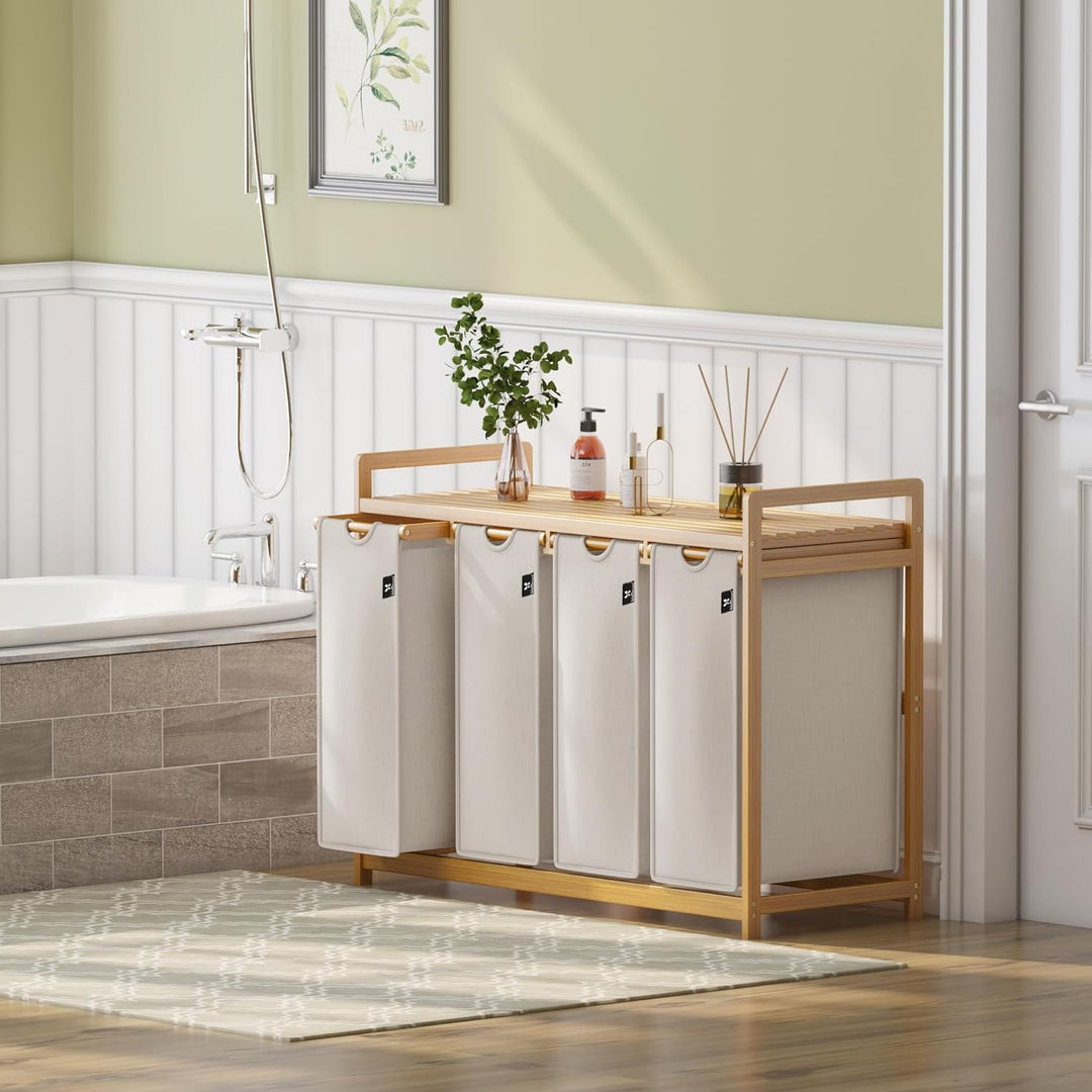 AdelDream Wäschekorb 200L, 4 Fächer Wäschesammler mit Ablage, Bambusrahmen | Wäschesortierer mit 4 x