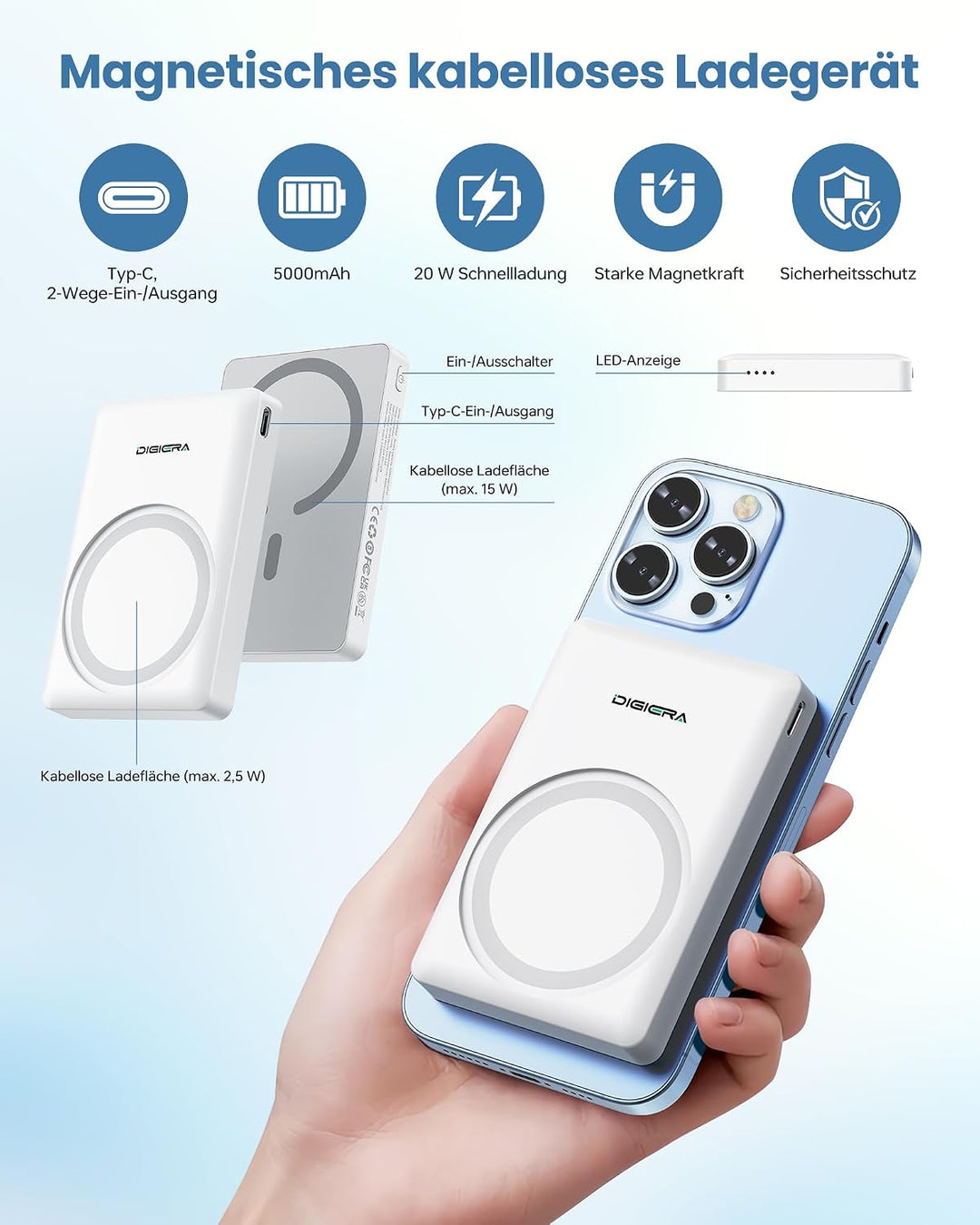 DIGIERA Dual Magnetic Power Bank, 5000 mAh magnetisches tragbares Ladegerät, DGPB301 PD 15 W kabello