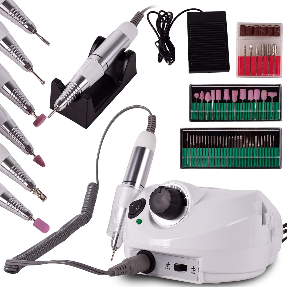 MalTec Profi Nagelfräser 30W Elektrische Nagelfeile Set 30000 U/Min mit Fusspedal und 6 Bits Pedikür