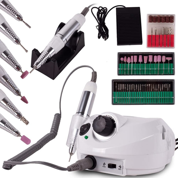 MalTec Profi Nagelfräser 30W Elektrische Nagelfeile Set 30000 U/Min mit Fusspedal und 6 Bits Pedikür