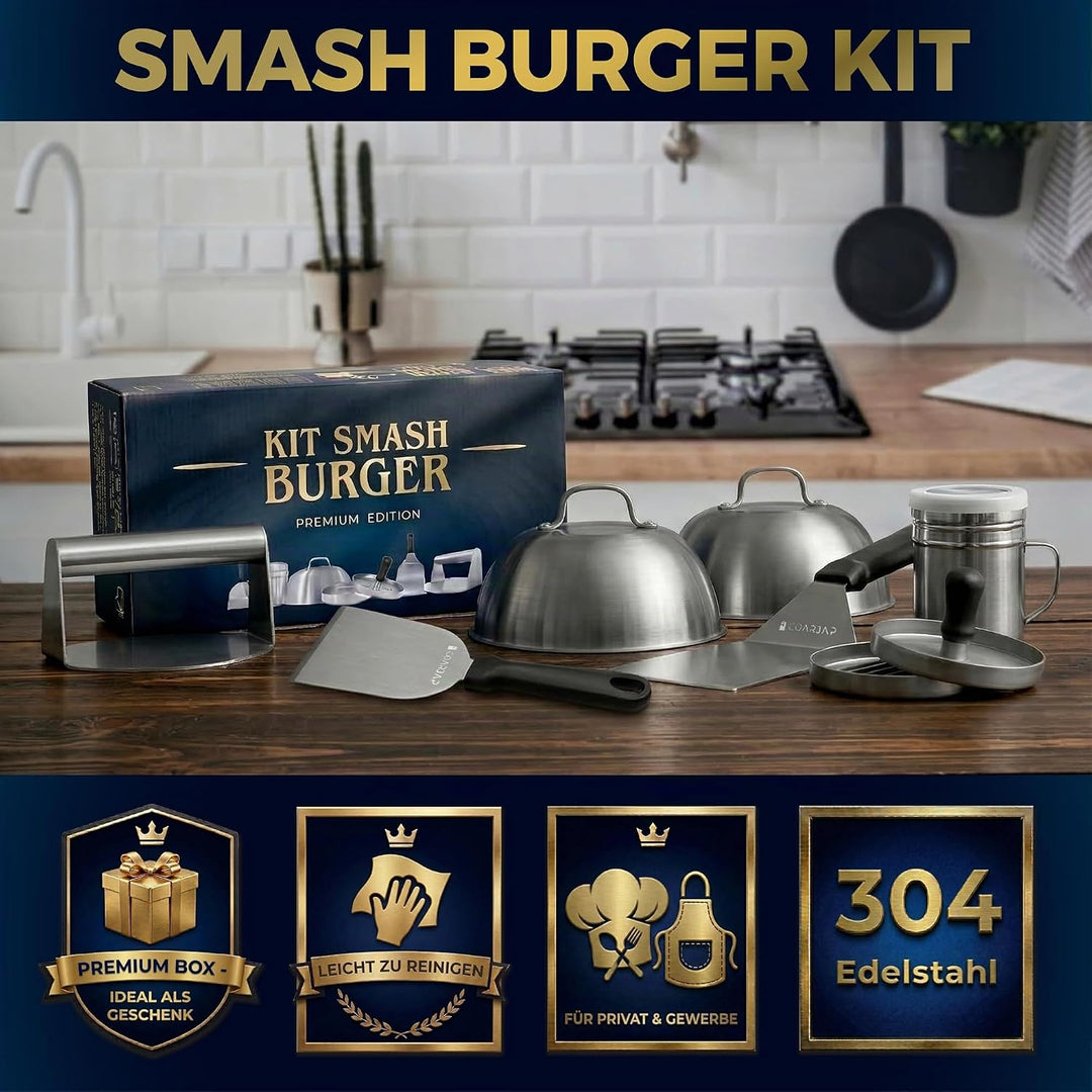 Smash Burger Set Premium 7-teilig – Burgerpresse, Grillspachtel &amp; Scraper, 2 Burgerglocken, Gewürzst