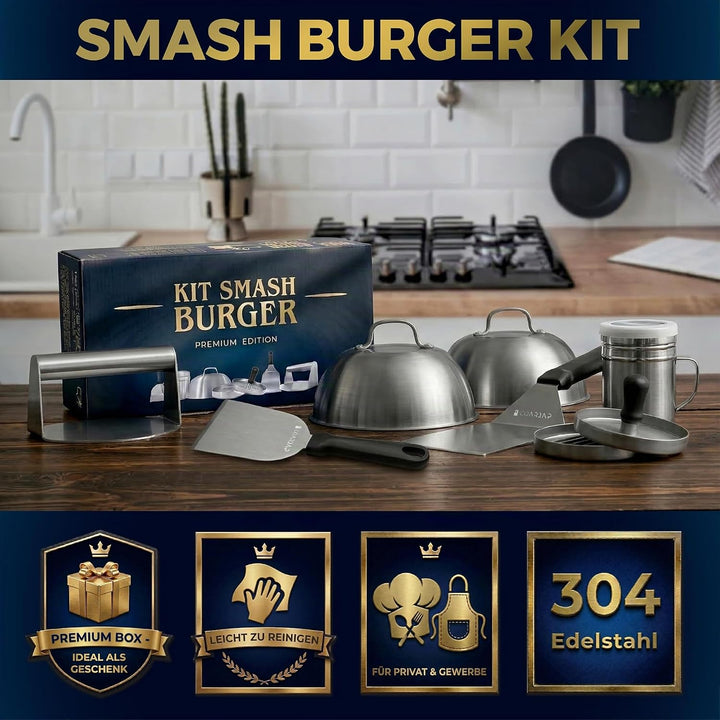 Smash Burger Set Premium 7-teilig – Burgerpresse, Grillspachtel &amp; Scraper, 2 Burgerglocken, Gewürzst