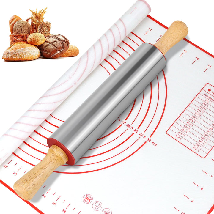 BOCHION Nudelholz Edelstahl, 43 cm Gross Teigroller mit Holzgriffen + Backmatte Silikon mit Messunge