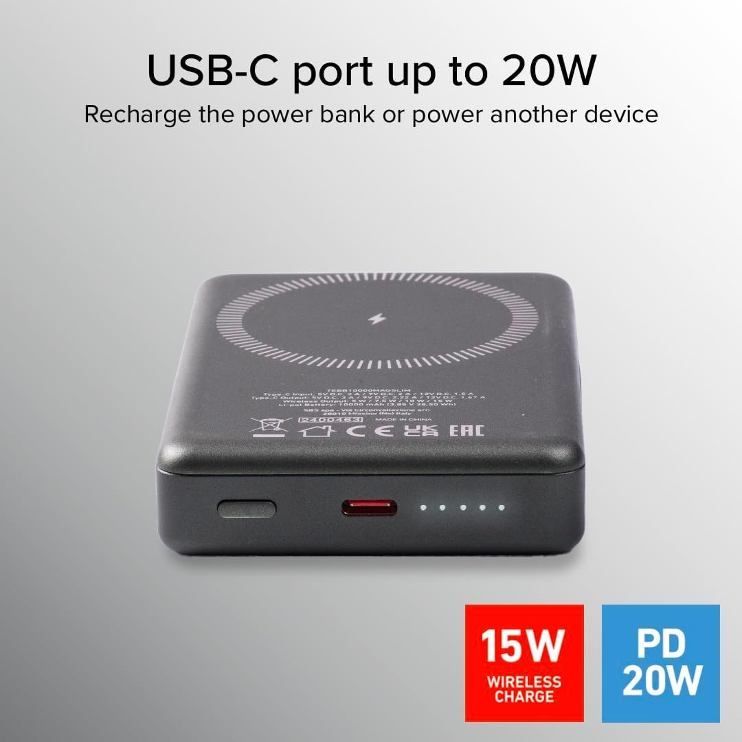 SBS PowerBank 10K MagSafe, 10.000 mAh Power Delivery 20 W, 15 W kabelloses Laden, magnetisch, Status