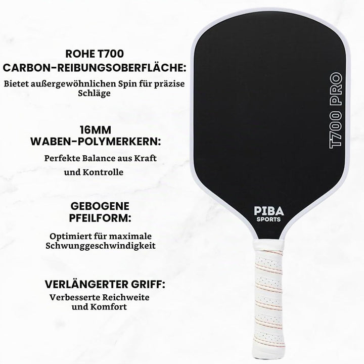 PRO Pickleball Schläger – T700 Carbon, 16mm Honeycomb, Angeraute Oberfläche für Top Spin, Verlängert