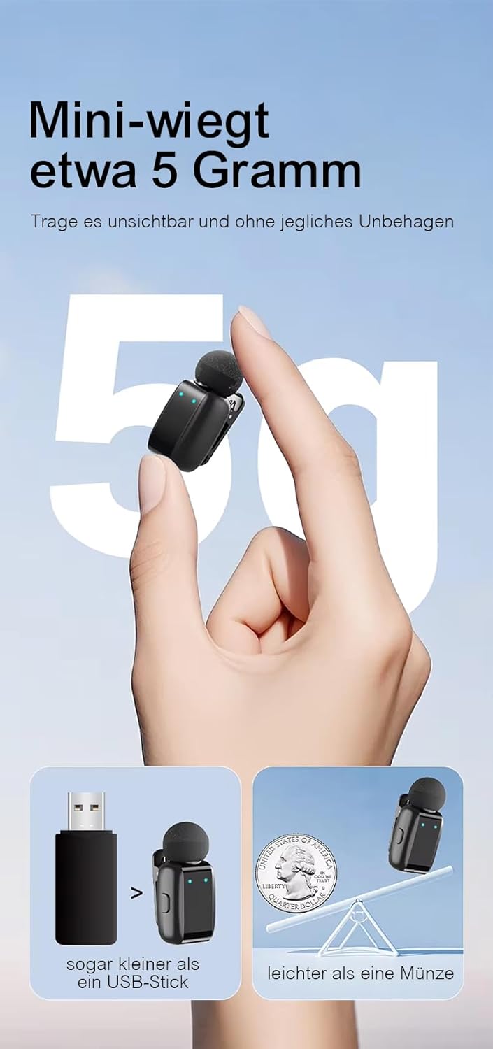 KO-Star Kabelloses Ansteckmikrofon M-250 (2er-Set mit Ladecase, USB-C Empfänger) – Funkmikrofon Hand