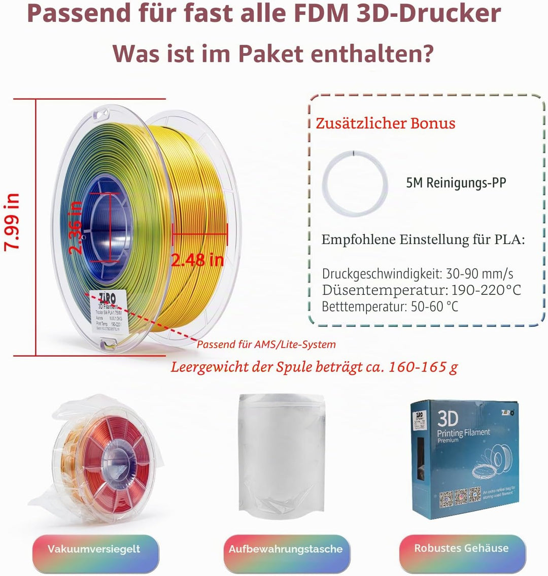 ZIRO PLA Filament Dreifach Farbe Coextrusion Silk 3D Drucker Filament 1.75mm für 3D-Drucker & 3D-Sti