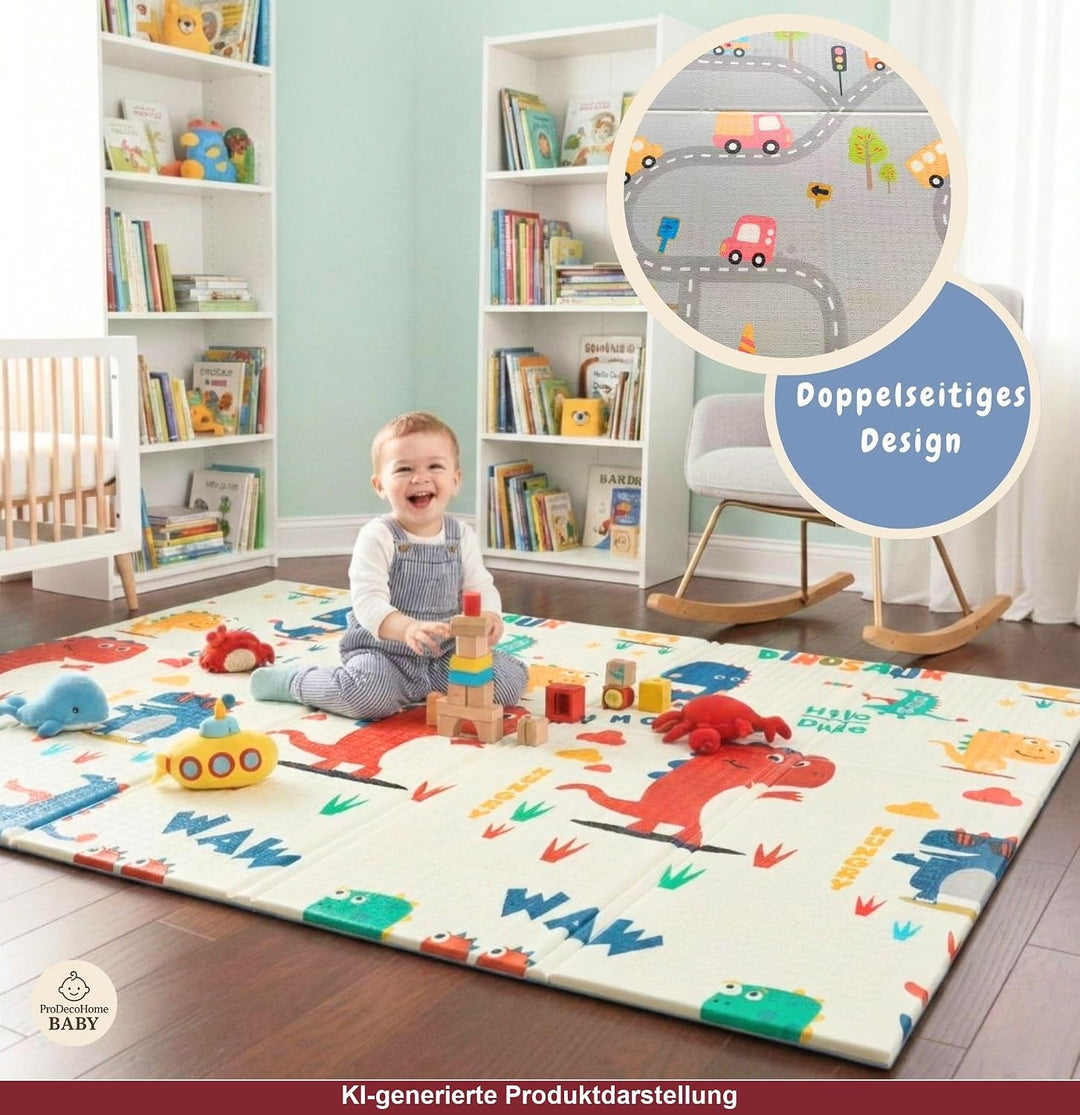 Krabbelmatte Baby, faltbar, doppelseitig, 150x180cm Dinosaurier und Autos | Kinder Spieldecke, Rutsc
