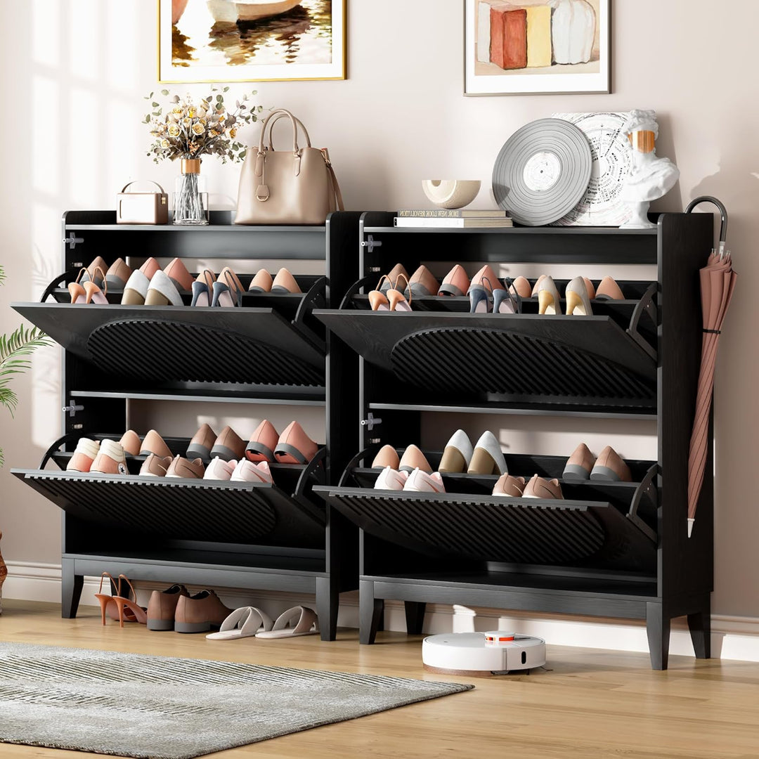 Vlsrka Geriffelte Schuhschrank Schmal Holz, Moderner Schuhkipper mit 2 Klappen, Schuhkipper schmal m
