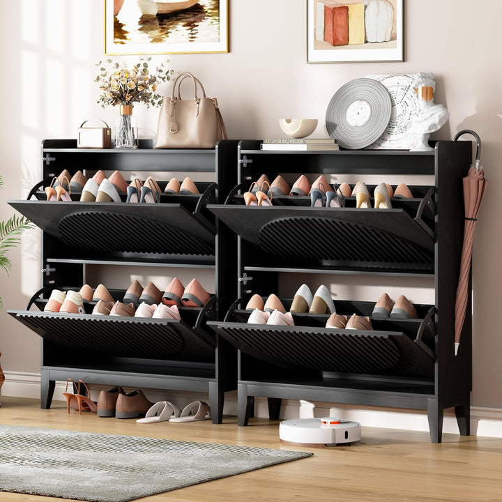 Vlsrka Geriffelte Schuhschrank Schmal Holz, Moderner Schuhkipper mit 2 Klappen, Schuhkipper schmal m