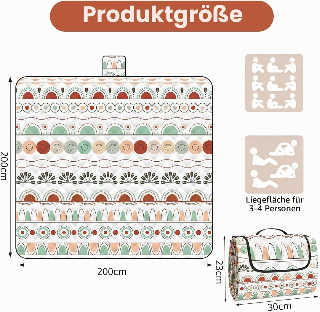 Picknickdecke 200x200 cm, XXL Stranddecke Waschbar &amp; Wasserdicht, Boho Picknickmatte Isoliert für Ou