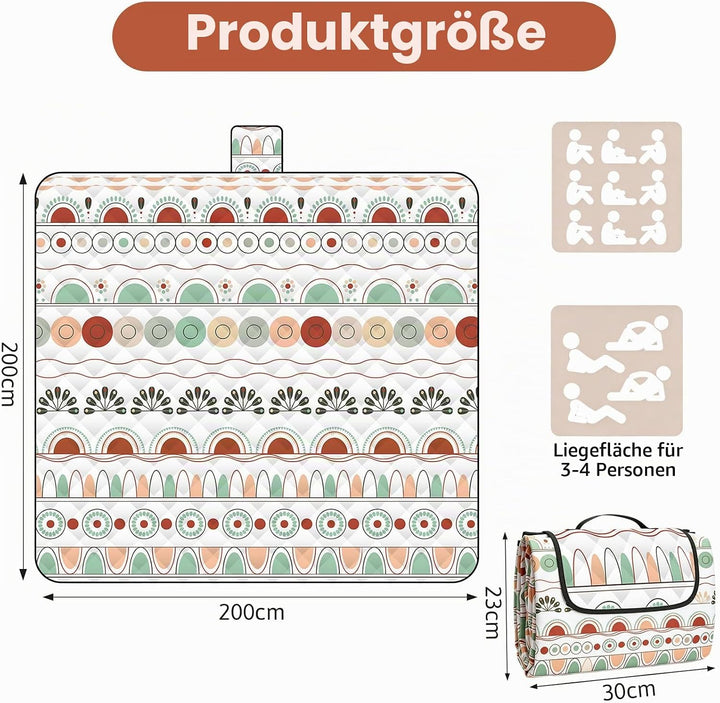 Picknickdecke 200x200 cm, XXL Stranddecke Waschbar &amp; Wasserdicht, Boho Picknickmatte Isoliert für Ou