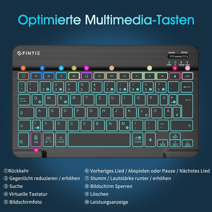 Fintie Beleuchtete Tablet Tastatur (Deutsches Layout QWERTZ), 10 Zoll Bluetooth Tastatur mit Hinterg
